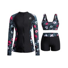 Holipick 여성용 긴소매 수영복 - 3피스 래쉬가드 반바지 지퍼 SPF 수영 셔츠 내장 브라 포함 그린 스트라이프 S 154761