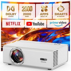 WiFi 및 블루투스가 있는 스마트 프로젝터 Proyector-4K 지원 공식 라이선스 앱 2000 ANSI/AI 자동 초점/DoIby/HDR10+/Quiet Kogata, 2-화이트