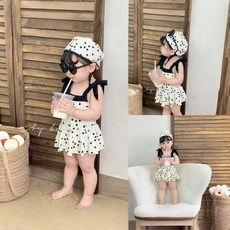 童趣小姐 女童泳裝 黑白波點復古風