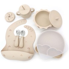 이유식 유아식기 세트 - 흡착 식판 + 흡착볼 + 수저 세트 + 물컵(빨대 스낵컵 포함) + 턱받이, 햇님 베이지, 1개, 부들부들 이유식기