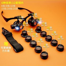 BAI SI TE頭戴式LED照明放大鏡，多倍率鏡片可調，解放雙手，閱讀珠寶鑑定適用, 黑色升級款【6倍~25倍】12枚鏡片, 1套