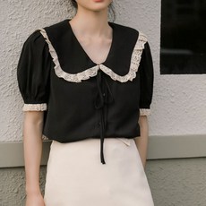 레이스 빅카라 블랙 블라우스 여성 청순 데이트룩_0070GF