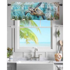 Chucoco 창문용 바다 거북 밸런스 여름 바다 코랄 주방 밸런스 해안 로드 포켓 짧은 커튼 레트로 지도 바다 블루 창문 밸런스 침실 욕실용 106.7 x 30.5cm(