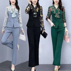 여성 잔꽃 쉬폰 블라우스 + 블랙 와이드 팬츠 밴딩 긴바지 오피스 봄 여름 하객룩 투피스 정장세트 출근룩