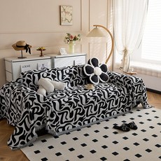 雪尼爾抽象紋理沙發巾, 流形黑韻,90x180