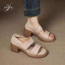 ANYOU 패션 여성 여름샌들 복고 퉁굽 오픈토 스트랩샌들 발편한 힐 샌들 5cm