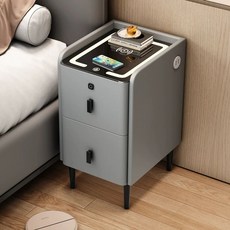 멀티 협탁 침대 석판-기능적 스마트침대 옆 다기능 조립(스스로 침실 테이블 40x40x5, 1개, AQ. 밝은 회색 둥근 원목 무선 충전기 + 3색 조명