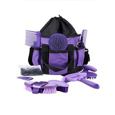 Harrison Howard 말 그루밍 키트 목욕 털 빠짐 및 발굽 관리를 위한 미끄럼 방지 실리콘 그립이 있는 9피스 세트 퍼플