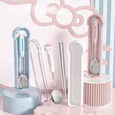 YGNC 便攜小學生餐具套裝卡通不銹鋼三件組閤筷子勺叉可愛學生用品潮, 玉桂狗,C02 勺子+筷子+盒子, 1個