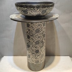 復古立柱式洗手盆 圓形洗手台 高溫陶瓷, 黑邊青花纏枝蓮三件套無任何配