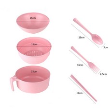 桃園發運 小麥秸稈餐具 泡麵碗帶蓋餐具 大號碗筷學生上班族便攜飯盒套裝, （北歐粉）六件套+濾湯器, 1個