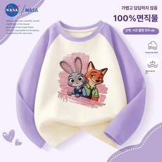 주토피아 캐릭터 맨투맨 자수 티셔츠 면 면티 키즈 오버핏 긴팔티 아동 남아 순면 주디 닉, 1개, TTZ0857 퍼플과 애프리콧