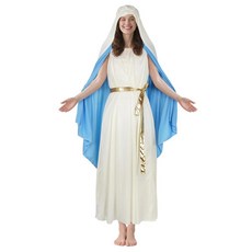 MCJC 성서 성모 마리아 코스튬 골드 벨트가 달린 화이트 및 블루 로브 성인용 종교 할로윈 드레스 화이트.