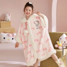 KT貓女童法蘭絨睡袍兒童加厚保暖珊瑚睡衣秋冬季女孩公主鬥篷披風