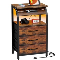 SZLHANJZ LED 엔드 테이블 서랍 2개와 충전 스테이션 타입 C 포트가 있는 나이트 스탠드 침대 옆용 보관 패브릭 드레서 거실 기숙사용 작은 사이드 테이블 화이트, Rustic