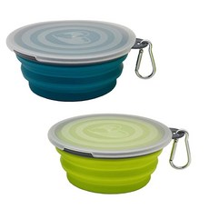 대형 접이식 개 그릇 35 2팩 휴대용 및 애완동물 여행용 그릇(개 고양이와 작은 동물을 위한 카라비너 뚜껑 2개 ) (블루 그린 그레이 1000ml)