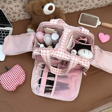 桃園出貨ing 新款藍色愛心收納包 大容量便攜外出手提收納袋 旅行必備分區洗漱包, 粉色格子