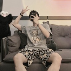 男士夏季卡通睡衣套裝：輕薄透氣短袖短褲休閒家居服