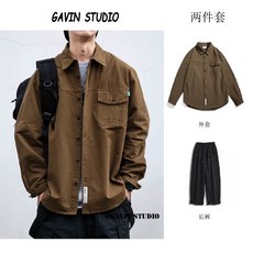 男生高級感套裝 日系潮流兩件套 美拉德復古風 長袖襯衫寬鬆潮流港風 臺灣熱賣