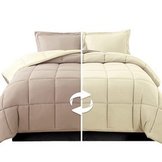 Elegant Comfort 3피스 양면 이불 세트 사계절용 아늑함 부드러운 다운 대체품 퀼트 - 박스 스티치 - 4개의 코너 탭이 있는 이불 인서트 베개 커버가 있는, Linen/Ivory