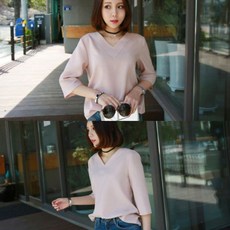 블라우스 브이넥 셔츠 여자 반팔 오피스룩 여름 베이직 데일리 핑크 소매 흰색 여성