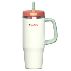 SGAKIC 원터치 보온보냉 텀블러 손잡이 차량용 대용량 빨대 물병, 크림, 1개, 1000ml