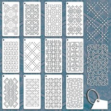 GOMAKERER 사시코 페인팅 스텐실 12장 12가지 스타일 기하학적 패턴 퀼팅 드로잉 템플릿 재사용 가능한 테두리 스텐실 바느질 자수 스크랩북 DIY 장식품296492, GOMAKERER 사시코 페인팅 스텐실 12장, 12가