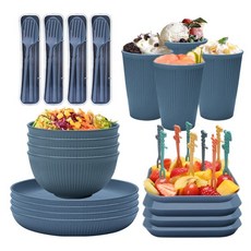 小麥秸稈餐具套裝 飯碗碟盤杯子便攜刀叉勺筷禮品禮盒 食品級, 藍色, 1個