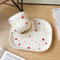 碎花三格分餐盤 ins小清新陶瓷家用早餐盤 女生減脂可愛餐盤, 蘋果波點-套裝（分餐盤+手握杯）, 1個