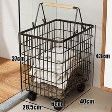 욕실용 이동식 옷걸이 바구니 분리형 세탁물 정리함, 1개, 큰 바구니 포함 우드 스트립 손잡이 블랙 A