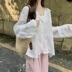 로엔나 여성 레이스 자수 후드 블라우스 루즈핏 여름 시스루 후드 셔츠 가디건