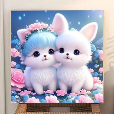 보석십자수 DIY 캔버스 큐빅 비즈 산리오 액자형 아이러브페인팅 하루클래스 액자 패브릭 사진, 고양이 토끼 50x50cm 프레임없음