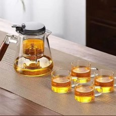 耐熱玻璃茶壺套裝，含濾網及四個玻璃杯，木質手柄設計，簡約時尚品茗首選, 透明色+4杯, 1個, 99ml