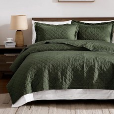 WDCOZY 100 사이즈 침대 소프트 퀼트 워싱 프리 3피스 커버렛 경량 스프레드 세트, Olive Green, Twin (68"x86")