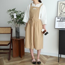 NENAI 코튼 롱기장 원피스 앞치마 에이프런, 베이지, 5개