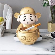 喜慶財神爺煙灰缸 - 家用客廳辦公室桌面擺件 開業喬遷禮物, 財神爺煙灰缸擺件-金色【高17cm】, 1個