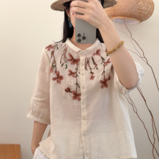 棉麻刺繡花朵中袖襯衫