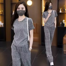亮絲面料自帶光芒 夏季休閒套裝女 寬鬆短袖闊腿褲兩件套 時尚顯瘦穿搭 a0355