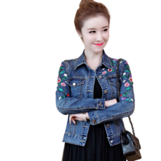 여성용 자수 데님 코트 숏 스판 데님 재킷 뉴타임즈 Z312X737