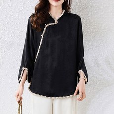 ORZQU봄가을 여성 유행 패션 캐주얼 루즈핏 숏티 긴팔 빅사이즈 개량한복 레이스 슬림핏 스냅 디자인 감각 기품 상의