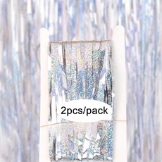 형광 장식 2 팩 호일 커튼 실버 블랙 골드 로즈 반짝이 쉬머 프린저 생일 웨딩 파티 배경, Laser Silver