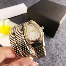 蛇形手鐲輕奢女錶 橢圓形白錶盤滿鑽設計復古石英錶, 白金, 1個