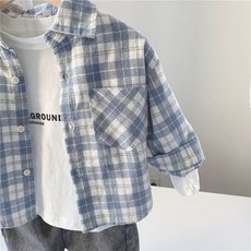 男童藍格子長袖襯衫2022秋裝新款春秋兒童襯衣小童潮寶寶上衣外套