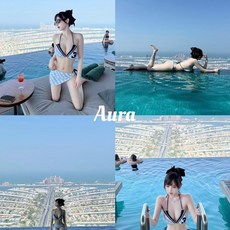 性感純欲風比基尼套裝：海島度假掛脖聚攏三點式溫泉泳衣, 藍色三件套,M(建議45.0-50.0kg)