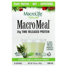 Macrolife Naturals Macro Meal® 얼티밋 프로틴 파우더 바닐라 10팩 각 41g(1.4oz) Naturals (매크로라이프 내추럴스), Macrolife Naturals, Macro Meal, 41g, 10