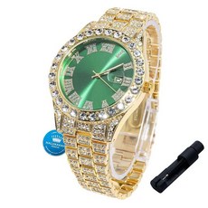 Halukakah 다이아몬드 골드 시계 아이스 아웃 남아 청소년 아동용 - 18K 리얼 골드/플래티넘 도금 42mm 블루/그린/레드 다이얼 일본 쿼츠 - 20.3cm(8인치