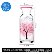 遇冷變色櫻花玻璃壺 1260ml 附PP軟蓋 玻璃水壺, 1個, 遇冷變色 水壺, 櫻花, 1.26L