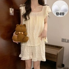 야오야오 여성용 캡내장 부드러운 프릴 나시 투피스 잠옷 세트
