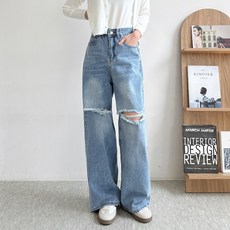 쏘옷 여성용 리벳 데미지 일자핏 데님 팬츠