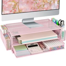 원목 2단 데스크 정리함 서랍 포함 모니터 라이저 컴퓨터 스탠드 액세서리 수납대, Pink Metal